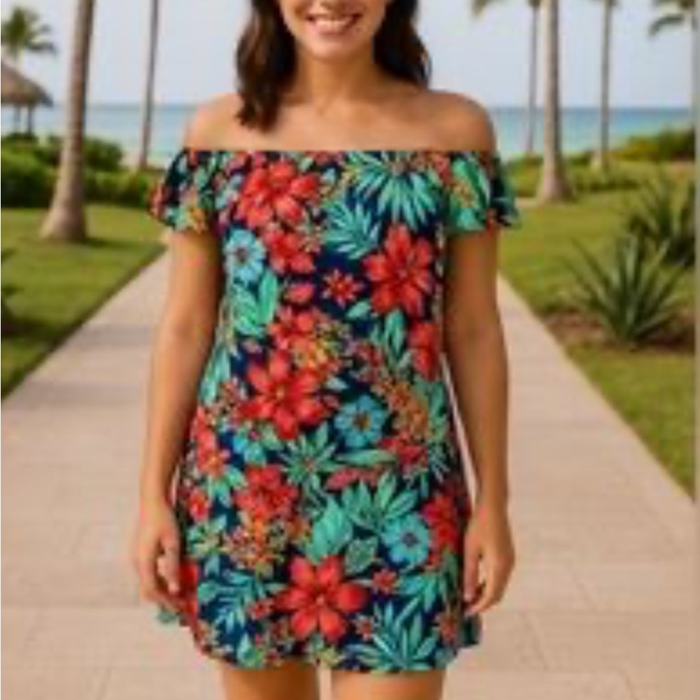 Chetta B Multicolor Floral Tropical Cap Sleeve Mini Dress
